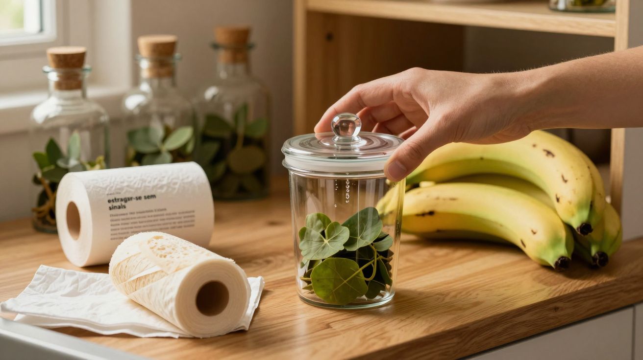 Mão a fechar frasco com folhas verdes em bancada de madeira, papel de cozinha e bananas ao lado.