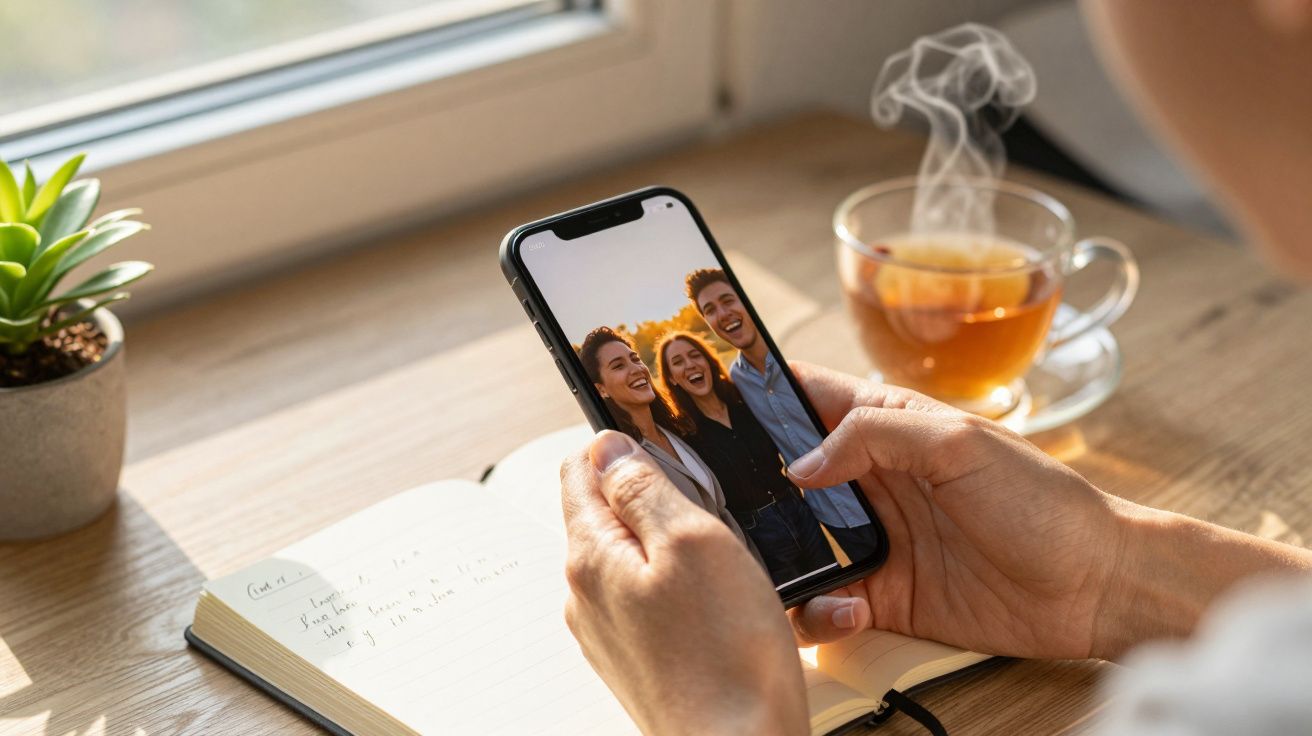 Pessoa segura um telemóvel com foto de três pessoas, chávena de chá e caderno sobre a mesa junto a uma janela.