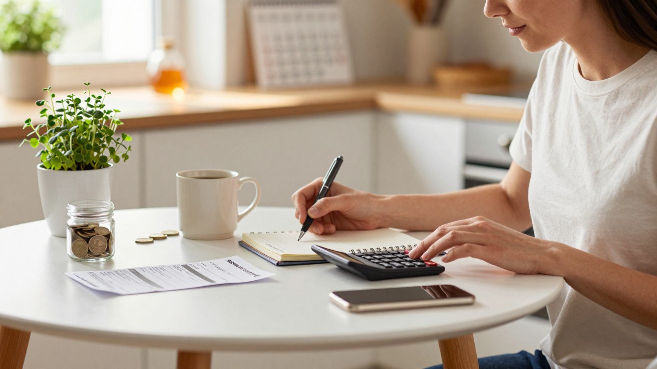 Mulher a usar calculadora e a escrever num caderno, com chávena, jarra de moedas e planta na mesa.