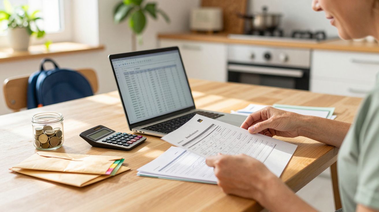 Pessoa a verificar contas numa mesa de madeira com portátil, calculadora e jarra de moedas.