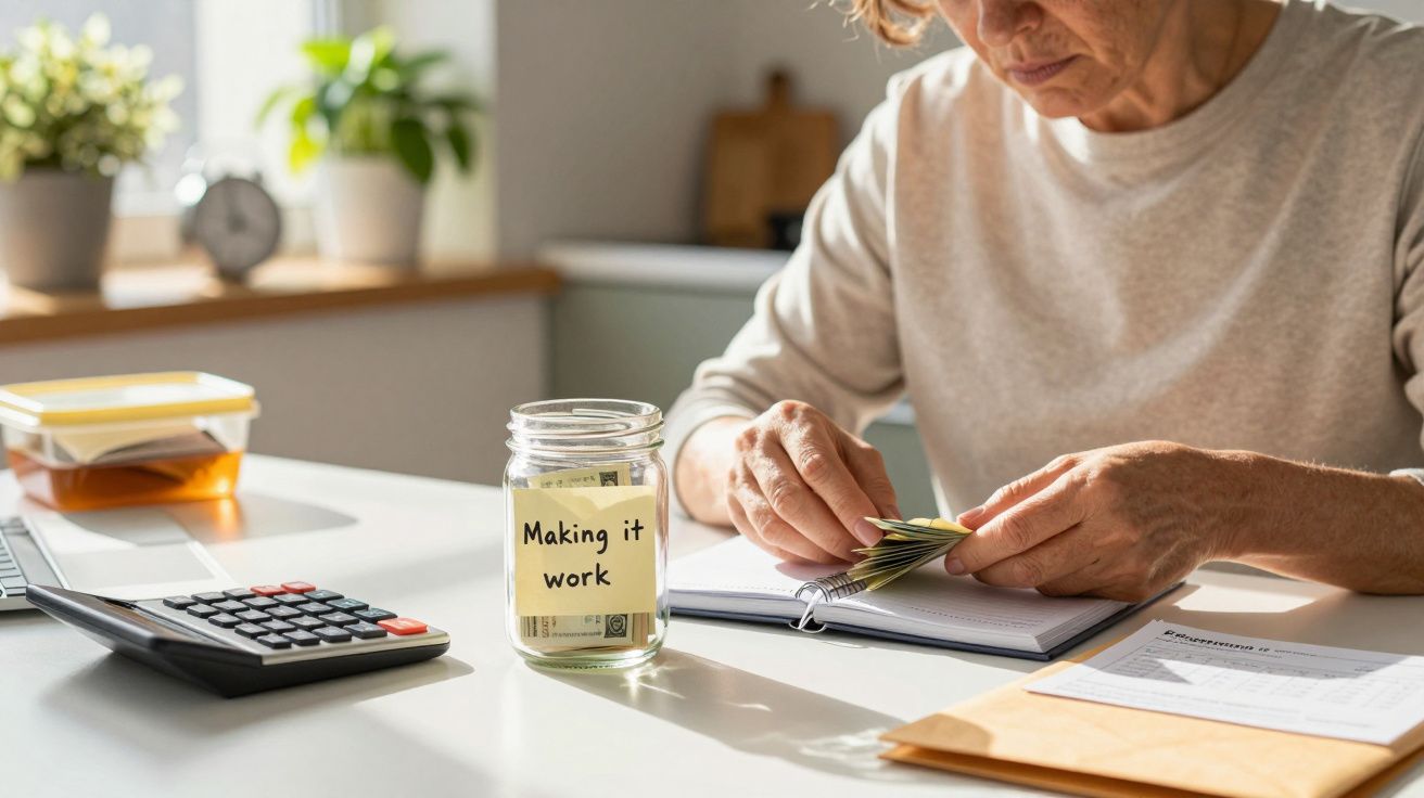 Pessoa a contar dinheiro à mesa, com jarro de poupança e calculadora ao lado, sob luz natural.