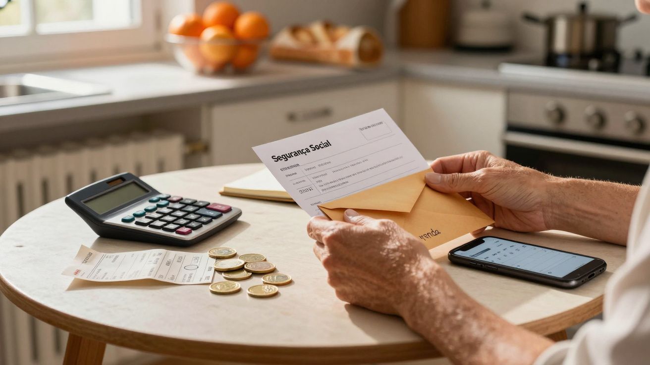 Pessoa revê carta da Segurança Social à mesa com calculadora, moedas e telemóvel.