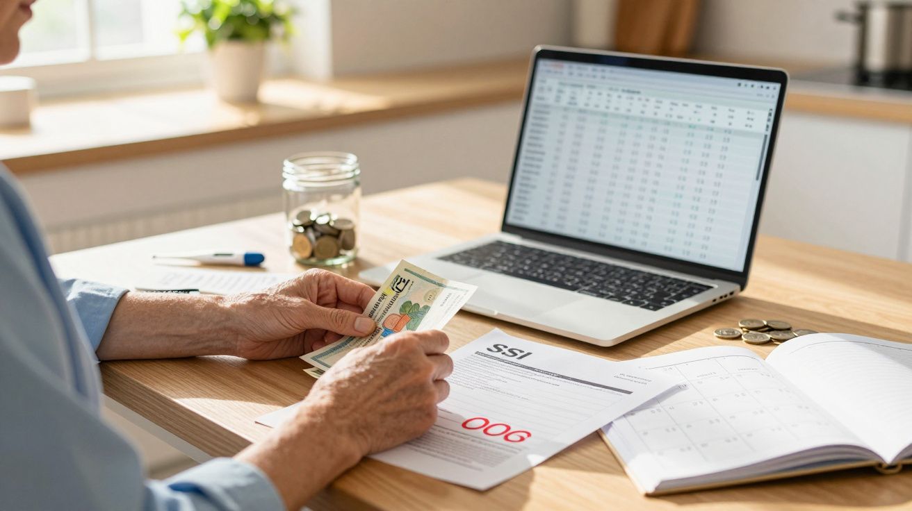 Pessoa conta dinheiro ao lado de um laptop com folha de cálculo, jarro de moedas e formulário "SSI" na mesa.