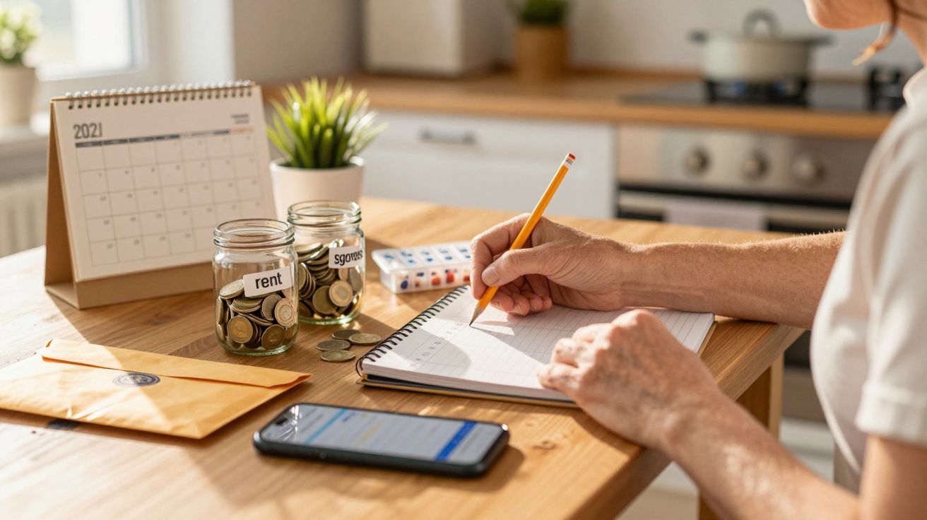 Pessoa faz anotações numa mesa com frascos de moedas para renda e poupança, calendário, envelope e telemóvel.