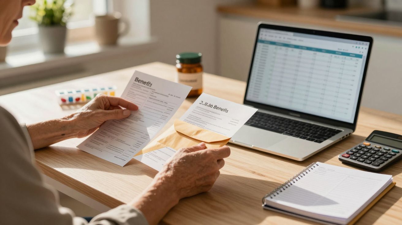 Pessoa revê documentos de benefícios ao lado de um laptop aberto e uma calculadora numa mesa de madeira.