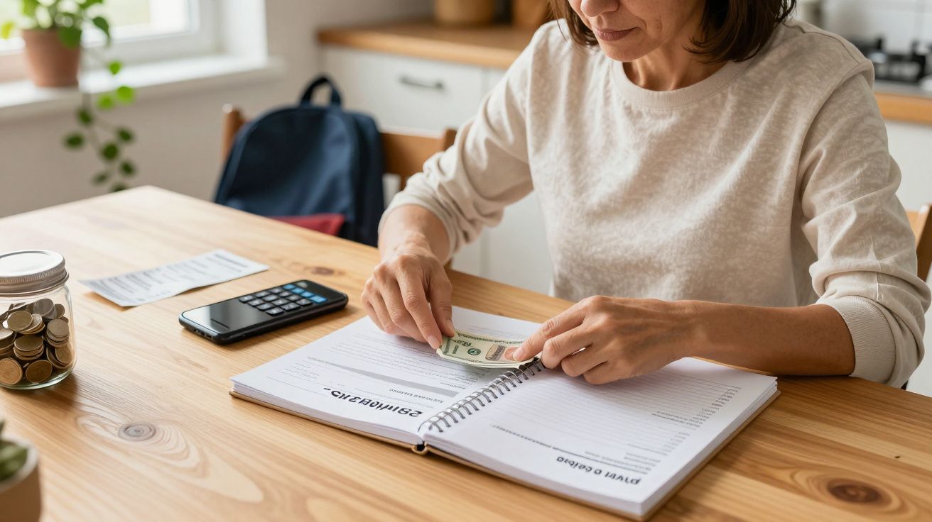 Mulher a organizar finanças em casa, contando dinheiro com caderno, moedas e calculadora na mesa.