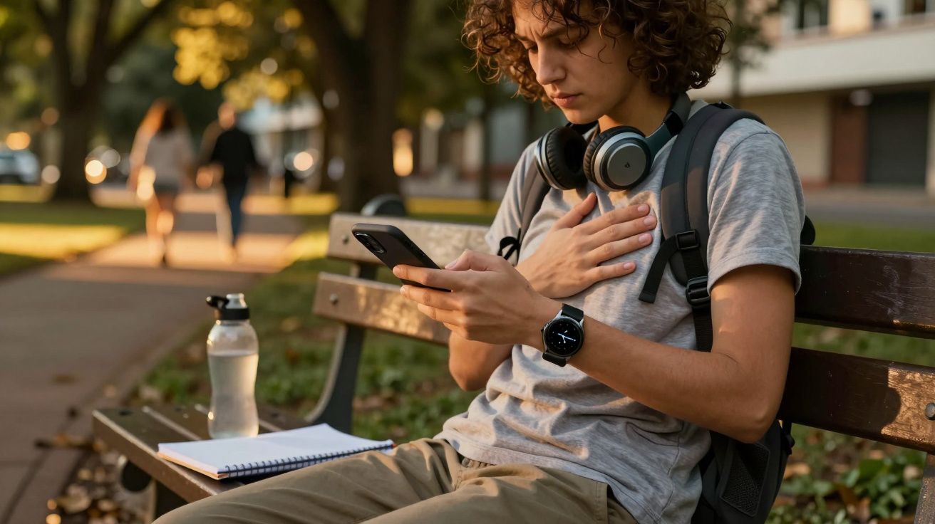 Jovem de cabelos encaracolados sentado num banco de parque, usando o telemóvel, com mochila e auscultadores.