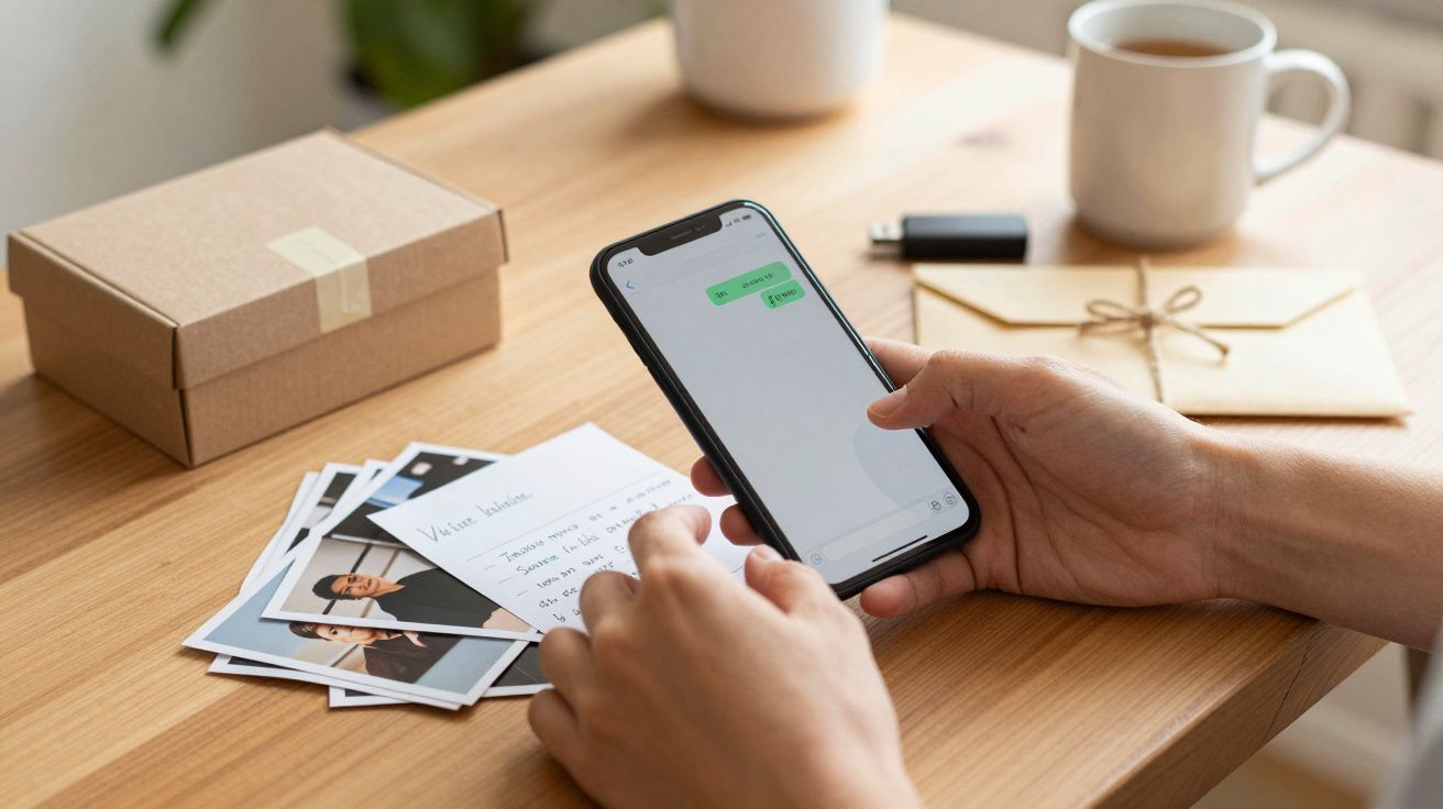 Pessoa usando smartphone numa mesa com fotos, caixa de cartão, carta e chávena de café.