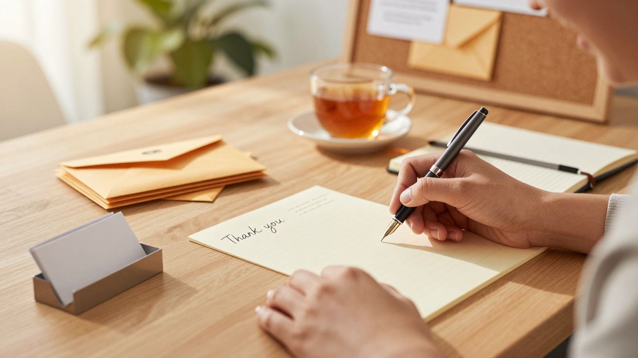 Pessoa escreve um cartão de agradecimento à mesa, com envelopes, chá e bloco de notas ao redor.