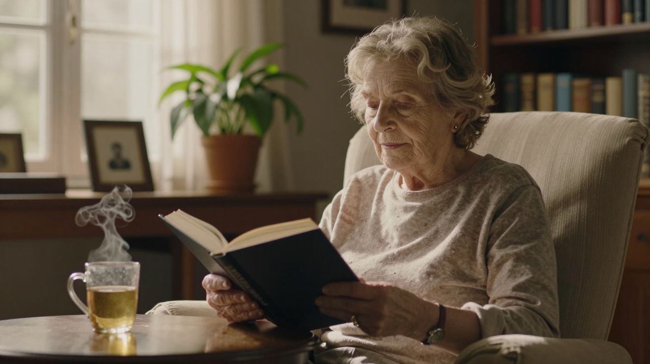 Idosa num sofá a ler um livro, com uma chávena de chá fumegante na mesa ao lado, planta e fotos no fundo.