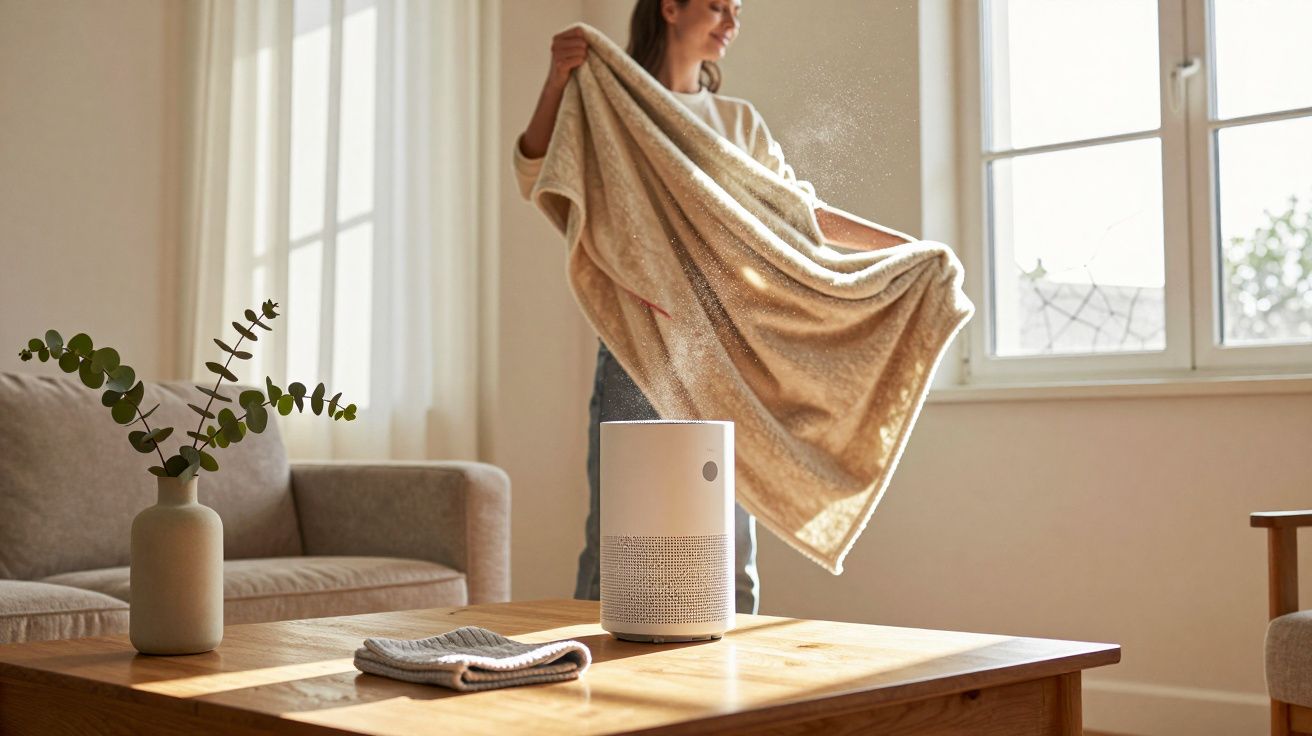 Pessoa segurando manta ao lado de purificador de ar numa sala iluminada. Mesa com vaso e toalha em segundo plano.