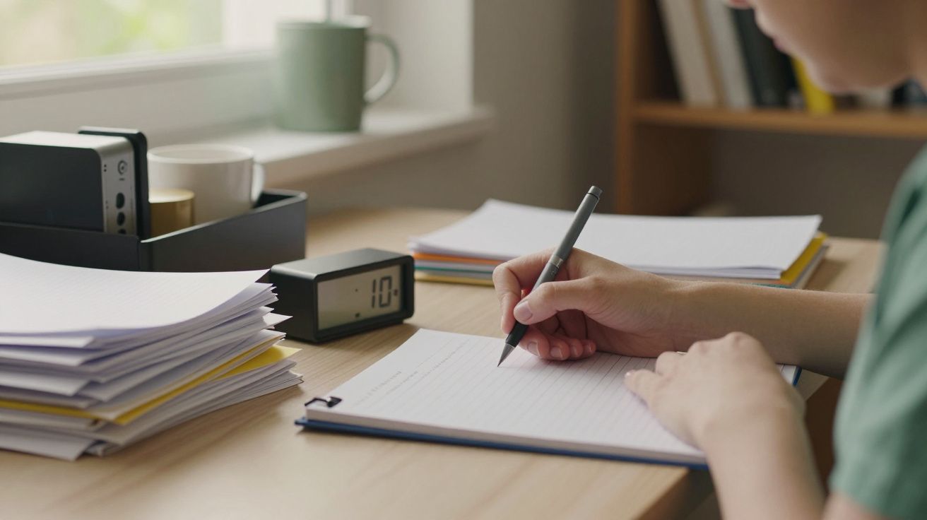 Pessoa a escrever à secretária com folhas, relógio digital marcando 10:00 e chávena junto à janela.