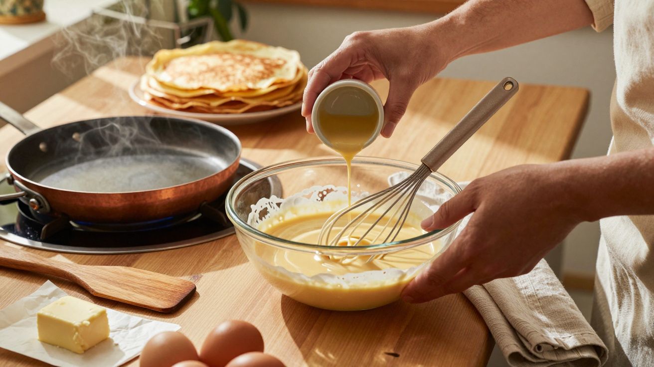 Pessoa misturando massa de crepes numa tigela, com frigideira e crepes prontos ao fundo numa cozinha iluminada.