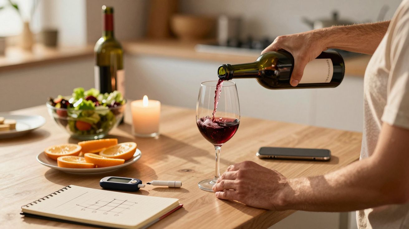 Pessoa a servir vinho tinto num copo numa cozinha, com frutas, vela acesa e medidor de glicose na mesa.