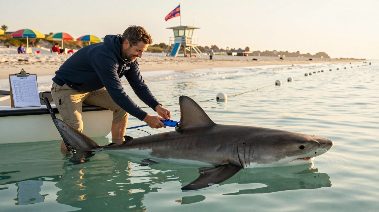 Homem em barco a monitorizar tubarão na água junto à praia, com bandeiras coloridas e pessoas ao fundo.