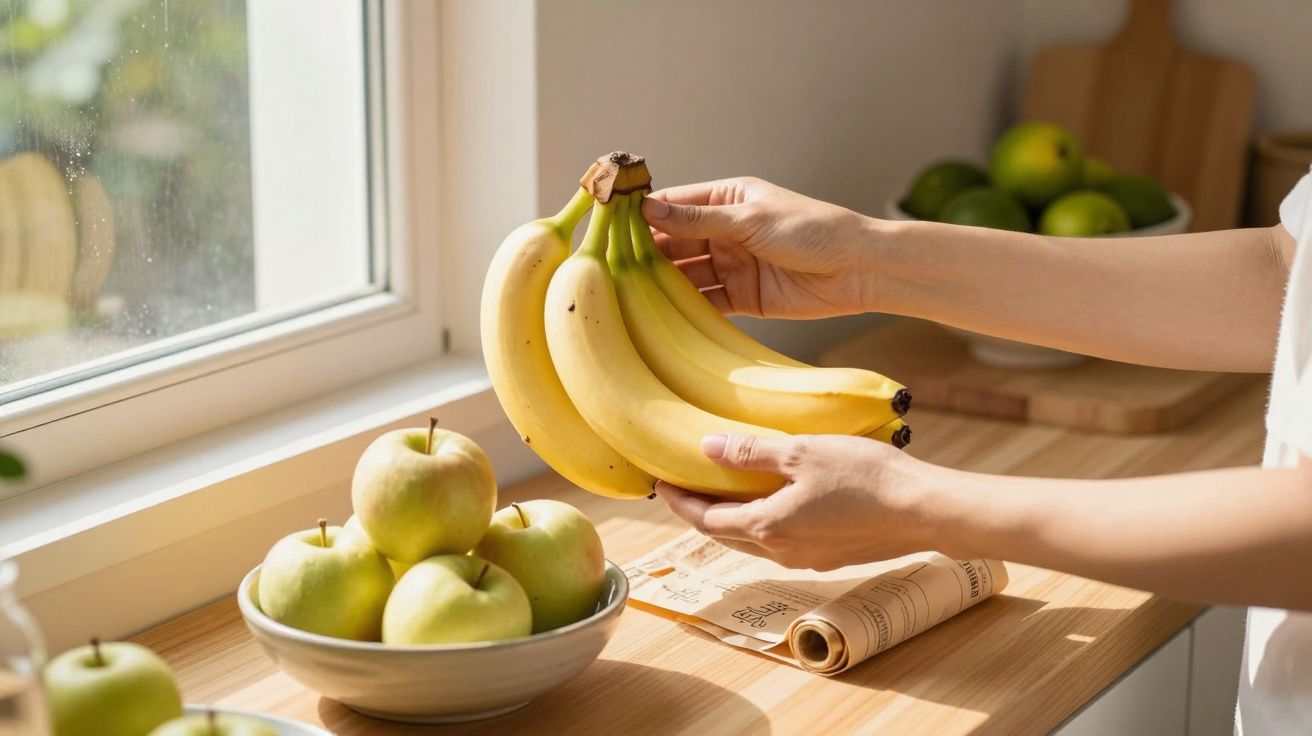 Mãos segurando cachos de bananas numa cozinha, ao lado de maçãs verdes numa tigela sob luz solar.