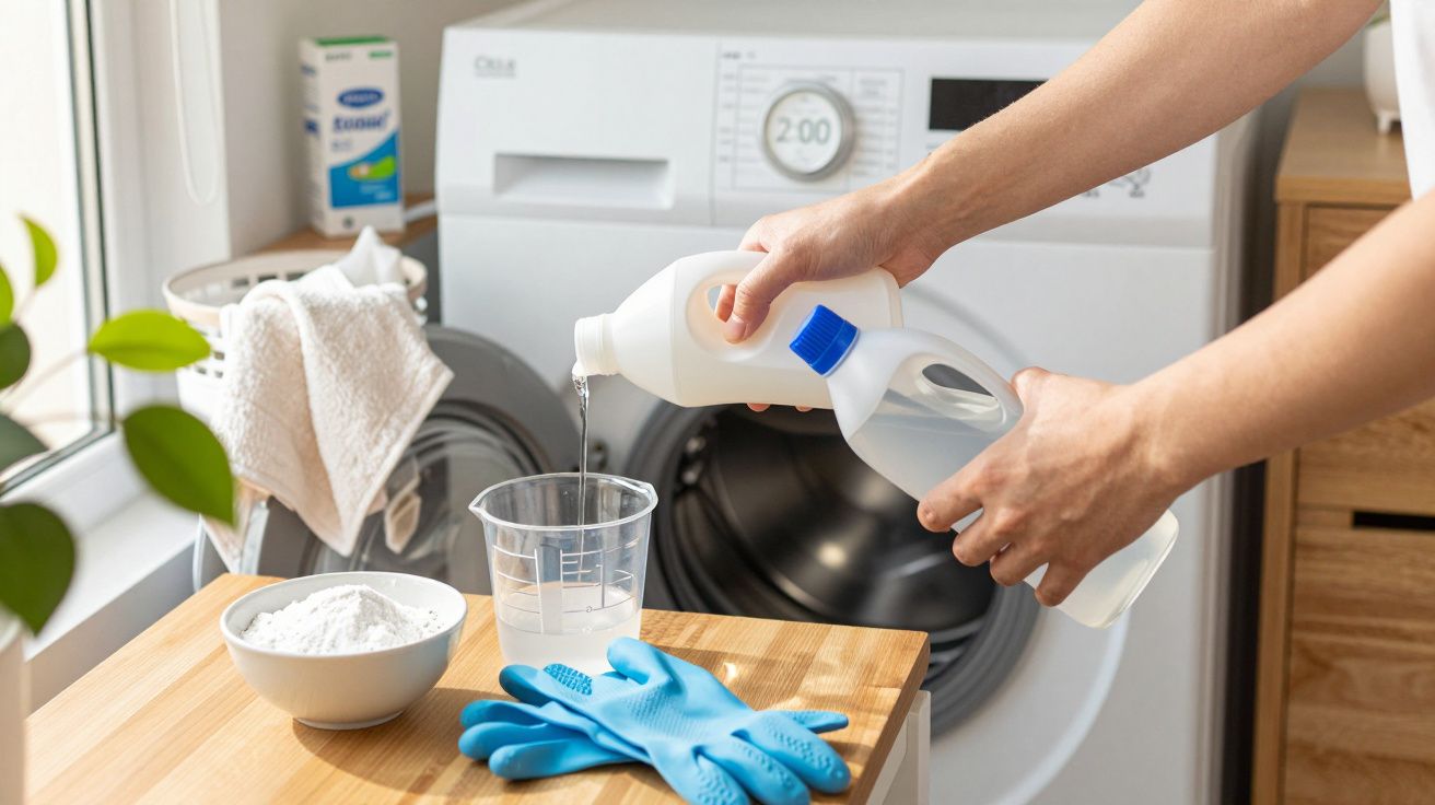 Pessoa a despejar detergente líquido num copo medidor junto de uma máquina de lavar roupa, luvas azuis ao lado.