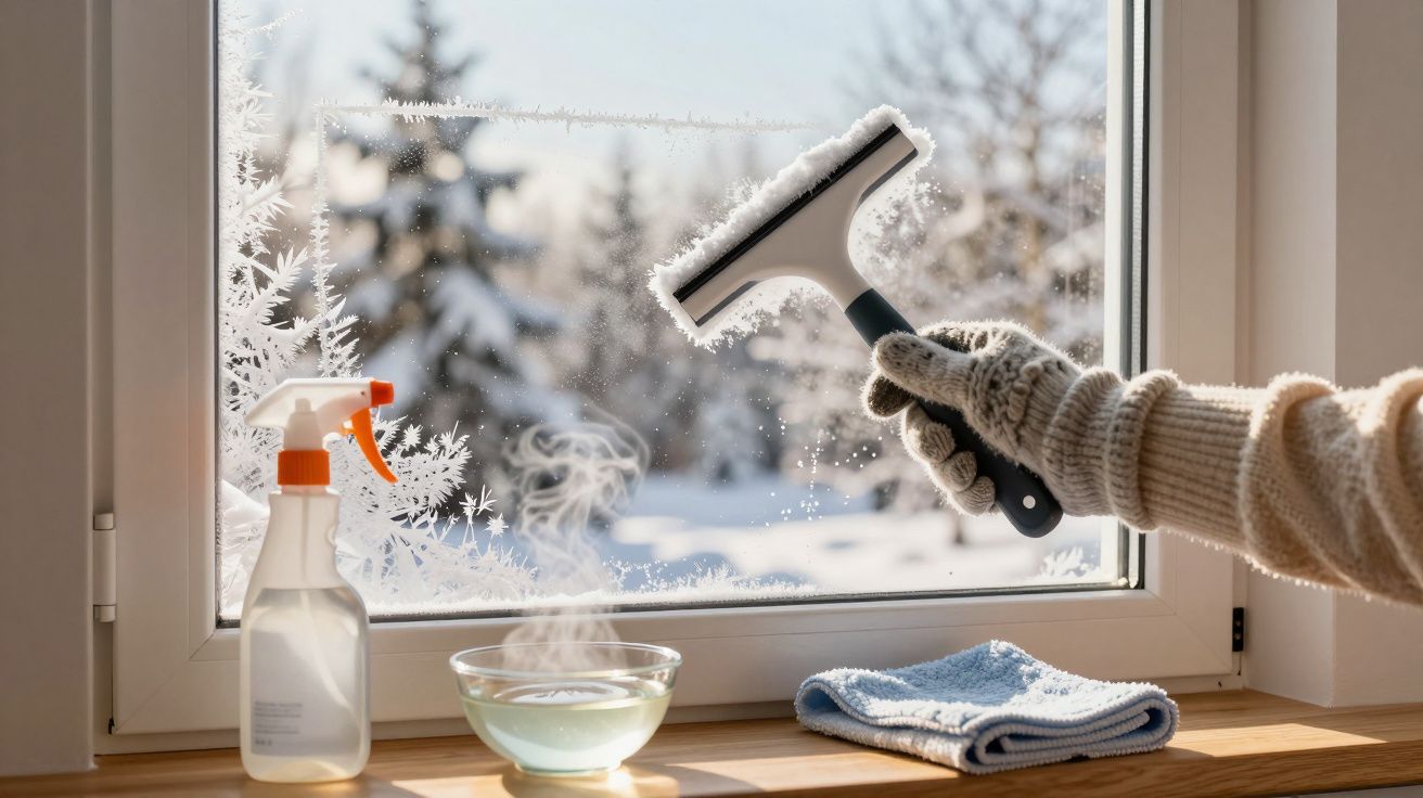 Mão com luva limpa janela congelada com raspador; ao lado, spray, tigela e pano num parapeito.