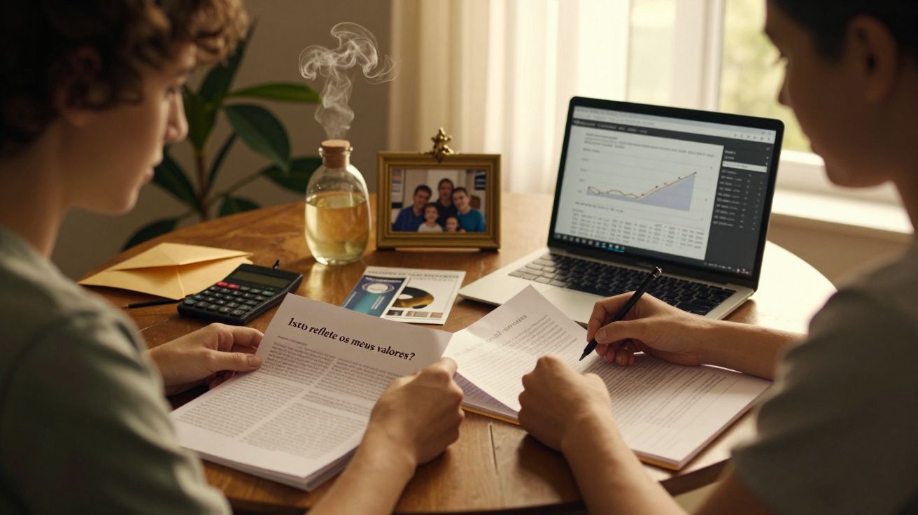 Dois jovens estudam em uma mesa com papéis, calculadora e laptop aberto mostrando gráficos de dados.