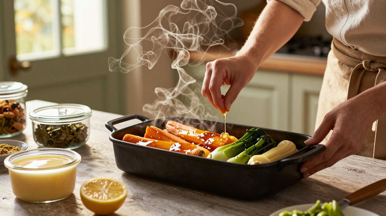 Pessoa tempera vegetais no forno com azeite. Fumaça visível. Potes com temperos e meio limão na mesa.