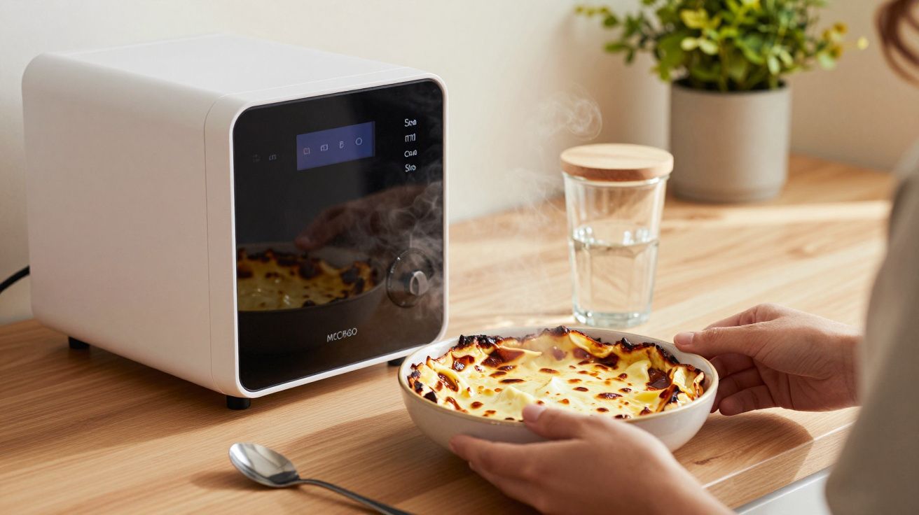 Pessoa a retirar prato quente do microondas moderno num balcão de madeira, ao lado de um copo e planta.