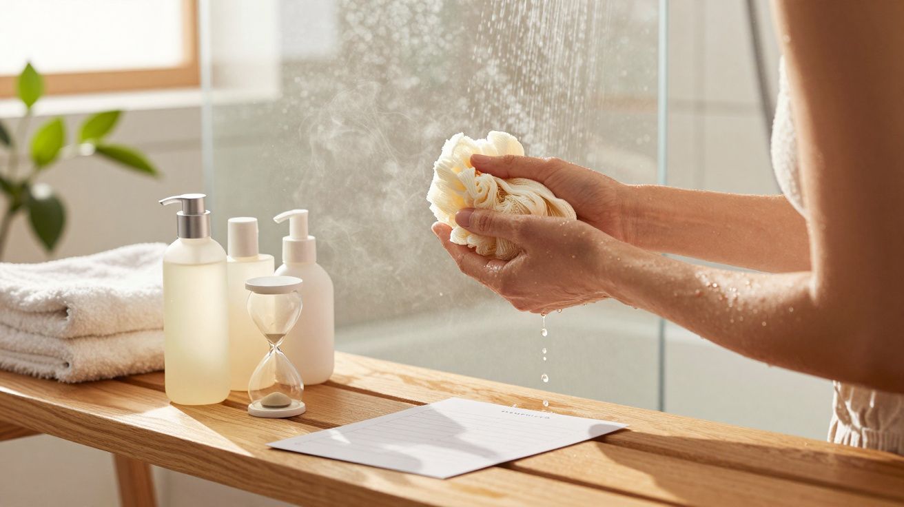 Mãos seguram esponja de banho sob chuveiro com frascos e ampulheta sobre bancada de madeira.