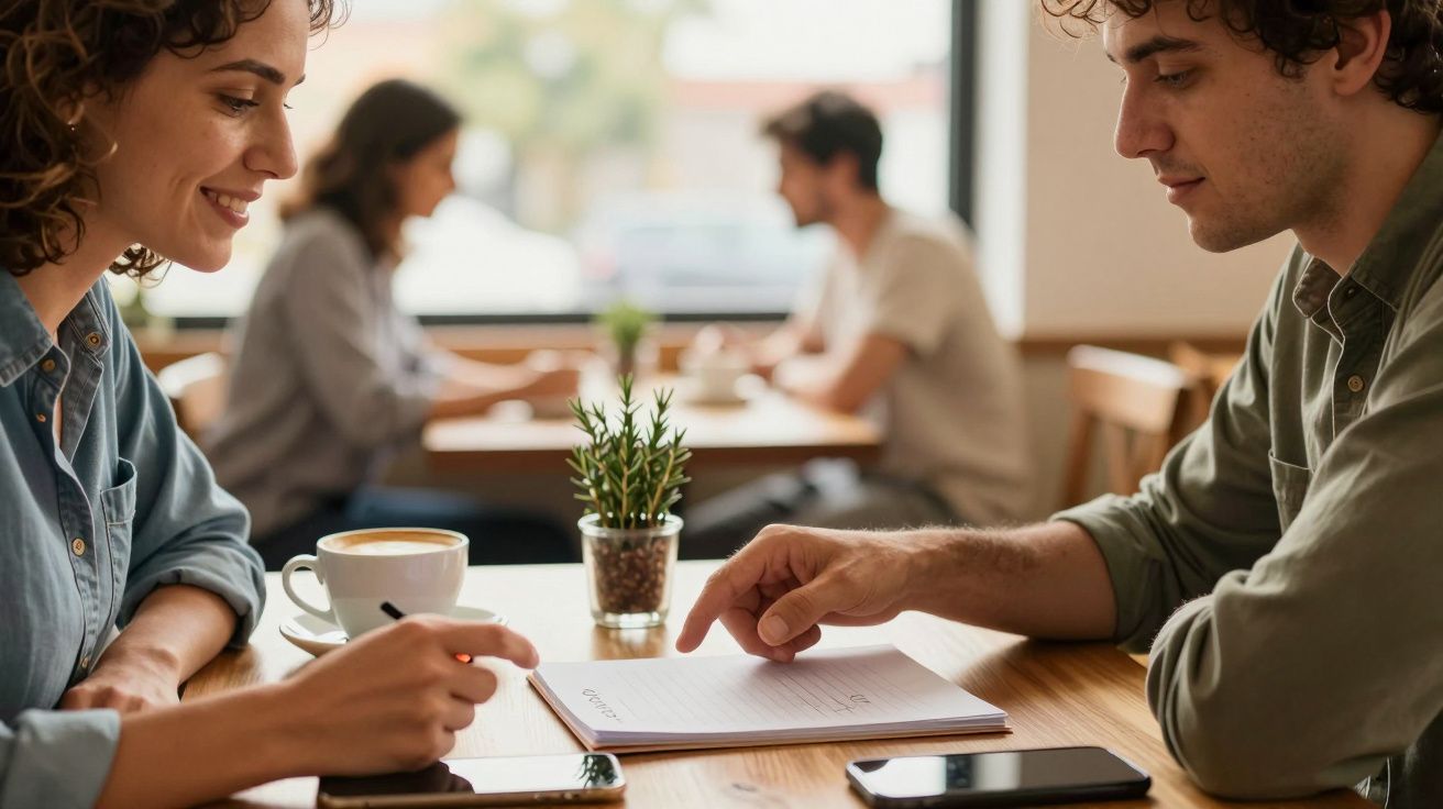 Duas pessoas conversam animadamente num café, com um bloco de notas e uma chávena de café à frente.
