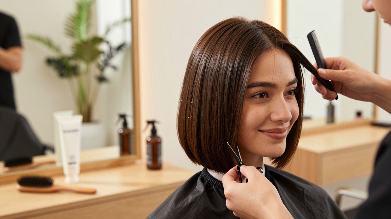 Mulher a sorrir enquanto cabeleireiro faz corte de cabelo curto num salão moderno.