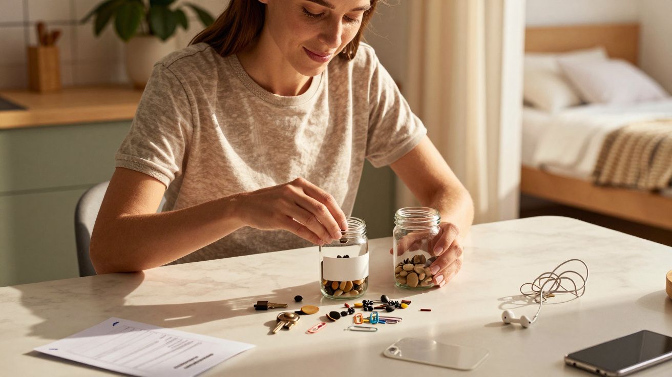 Mulher organiza itens pequenos em frascos sobre uma mesa. Há também um smartphone e auriculares próximos.