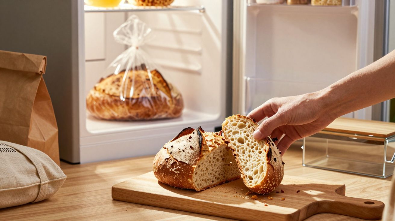 Mão segurando fatia de pão artesanal sobre tábua de madeira, com frigorífico aberto ao fundo.