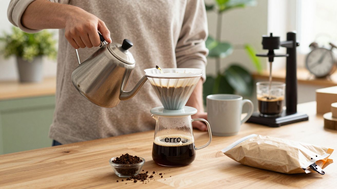 Pessoa a preparar café de filtro, vertendo água quente num coador sobre jarro de vidro, com utensílios de café ao redor.