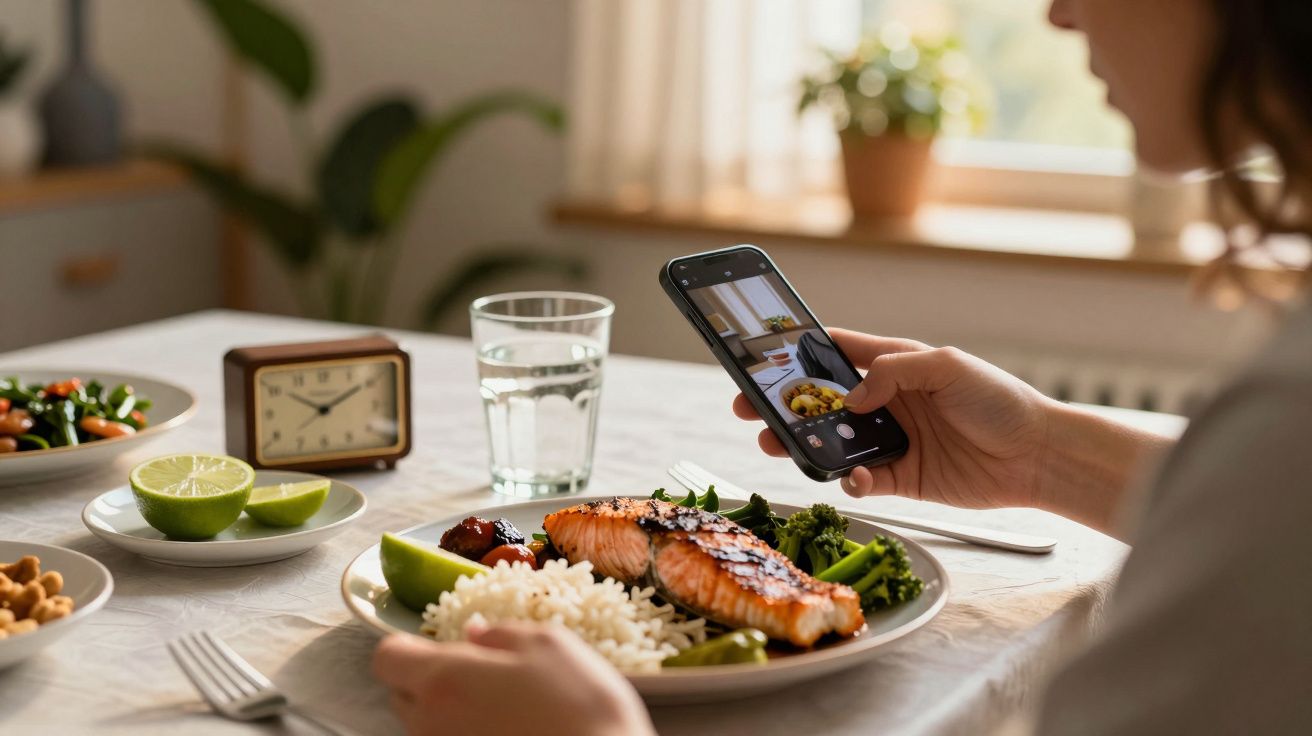 Pessoa a tirar foto de prato com salmão grelhado, arroz e legumes. Copo de água e limões ao lado.