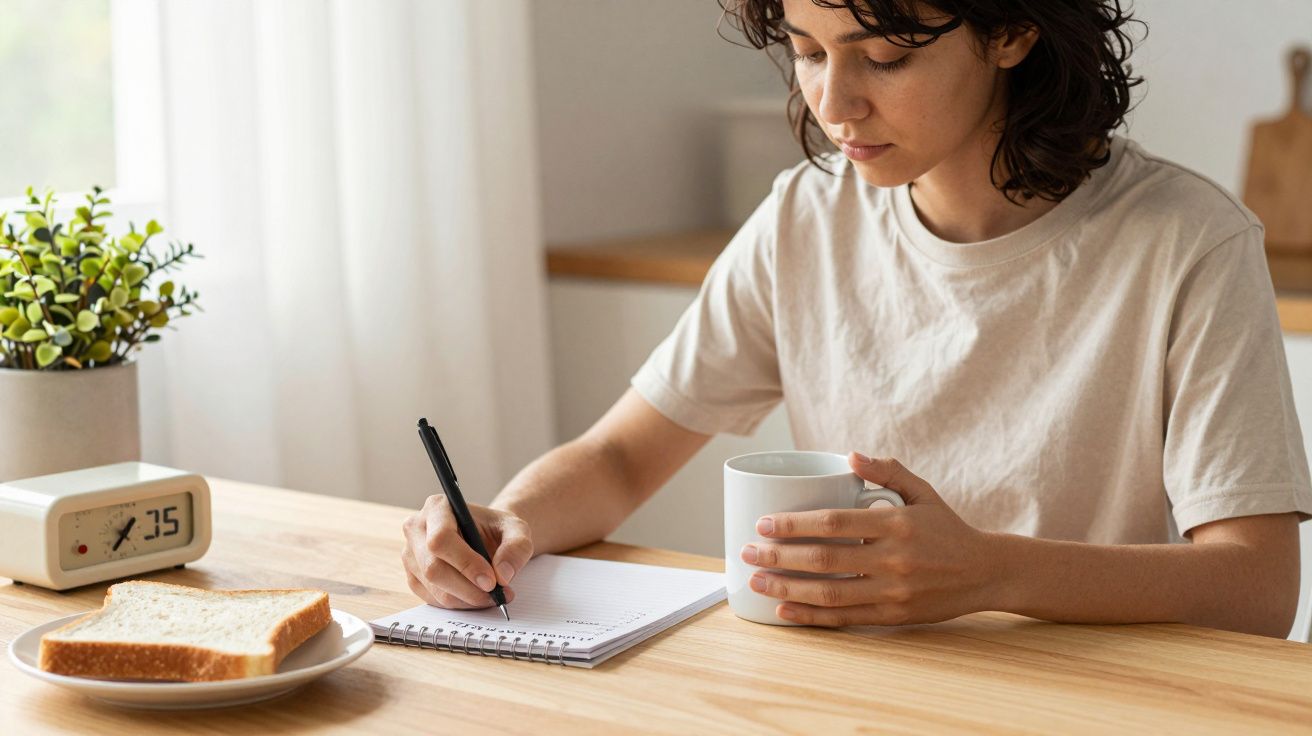 Mulher escreve num bloco de notas enquanto segura uma caneca, com uma torrada e relógio na mesa ao lado.