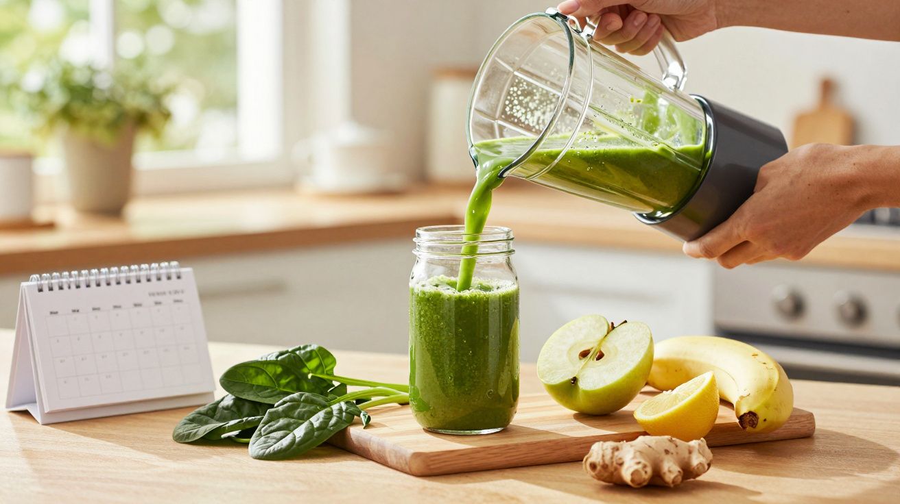 Pessoa a verter batido verde numa jarra, ao lado de espinafres, maçã, bananas e gengibre, em cozinha iluminada.
