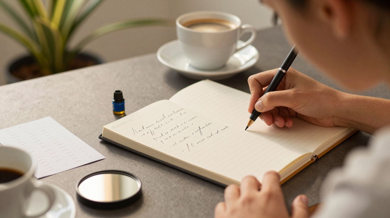 Pessoa a escrever num caderno sobre uma mesa com chávenas de café, planta e frasco pequeno.