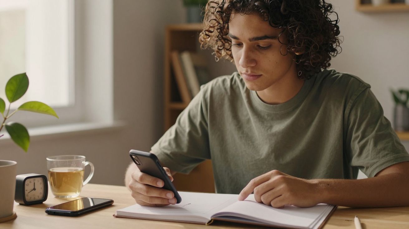 Jovem numa mesa, com livro aberto, olha para o telemóvel. Há um chá, relógio e planta ao lado.