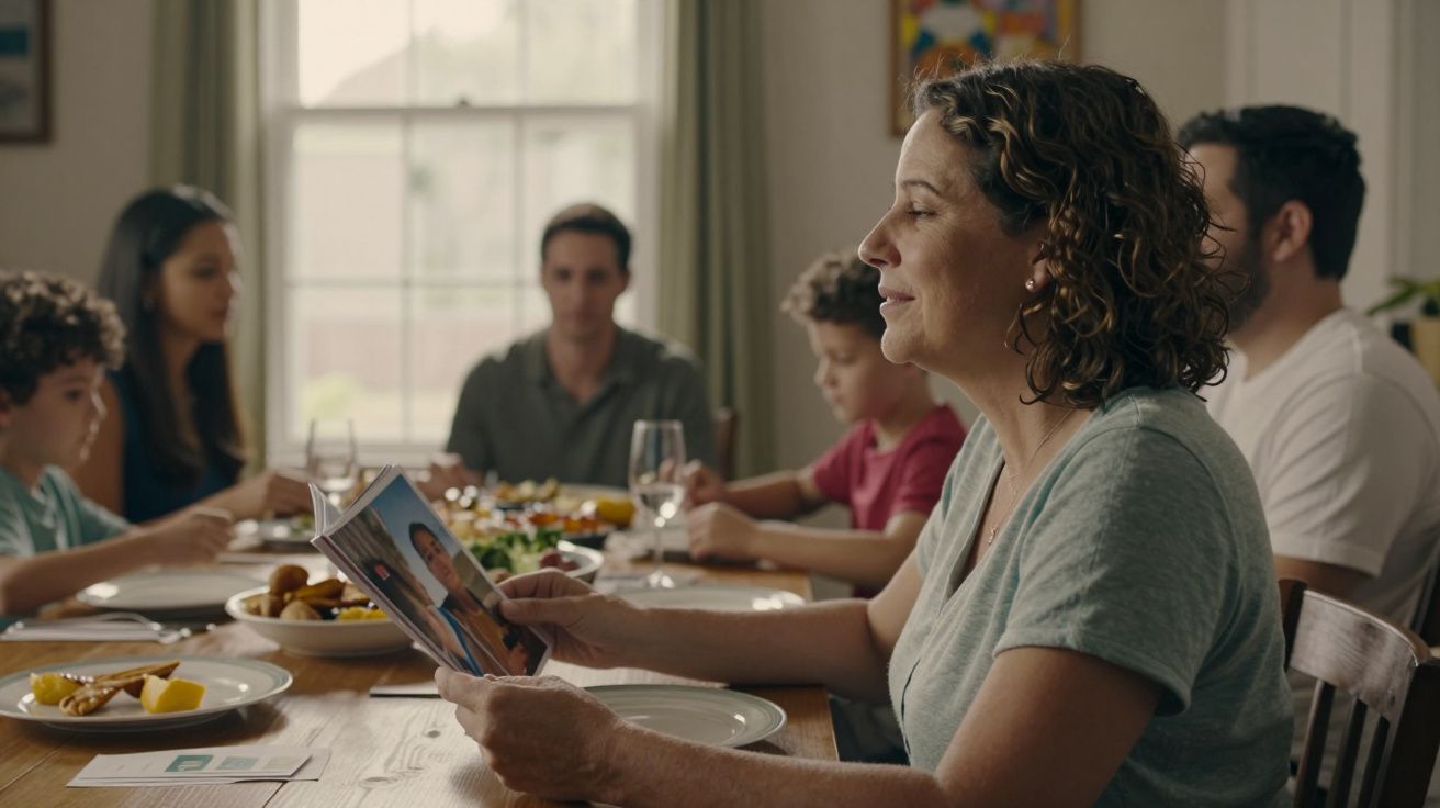 Família janta em torno de mesa, mulher segura revista. Menino ao lado olha. Comida e copos sobre a mesa.