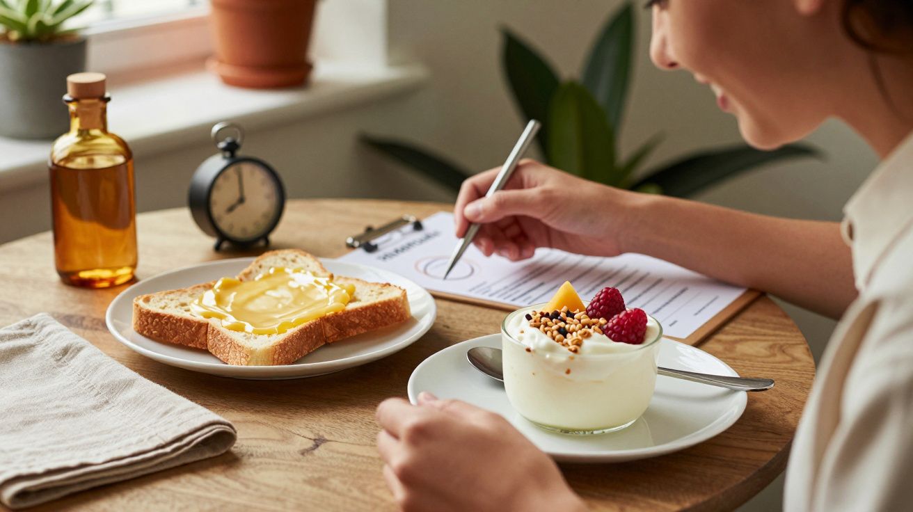 Mulher a tomar pequeno-almoço com iogurte, torrada e a escrever numa folha em cima de uma mesa redonda.