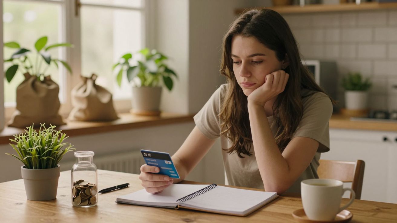 Mulher pensativa com cartão de crédito na mão, sentada à mesa com caderno, lápis, plantas e jarra de moedas.