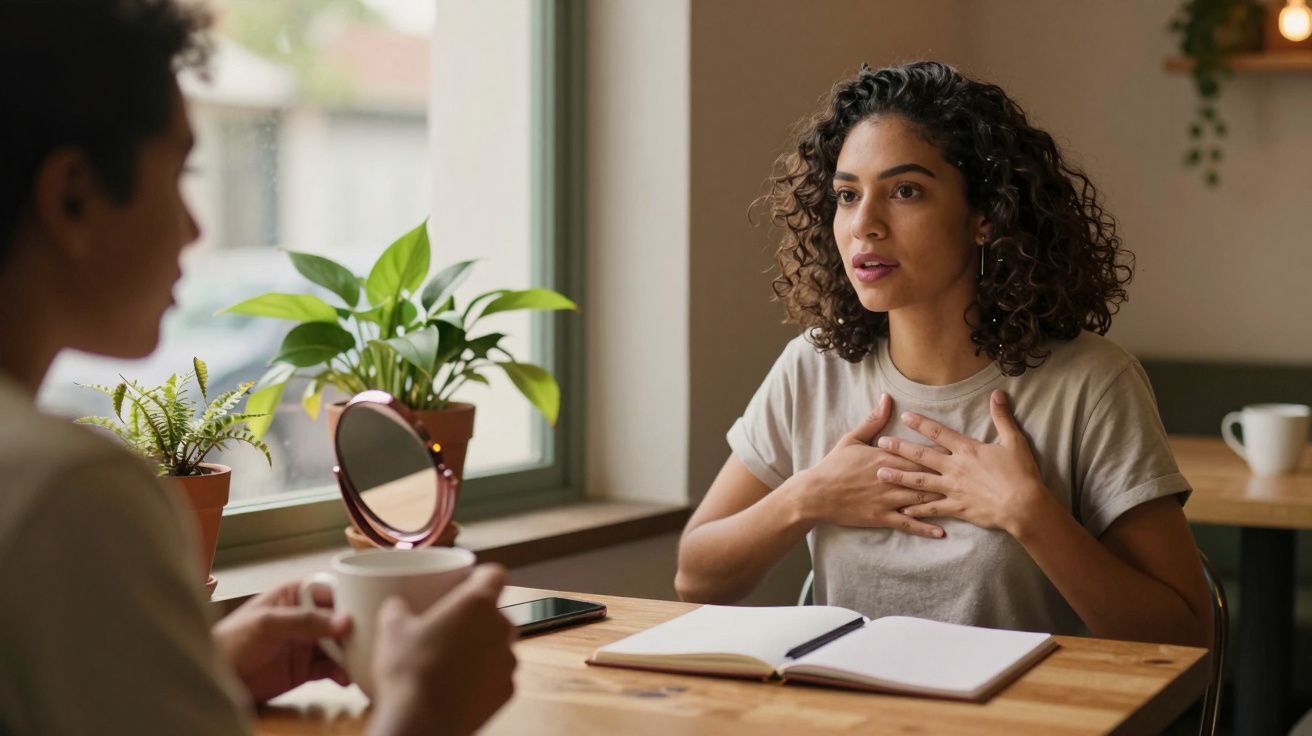 Mulher de cabelo encaracolado falando com alguém numa mesa com caderno e plantas ao fundo.