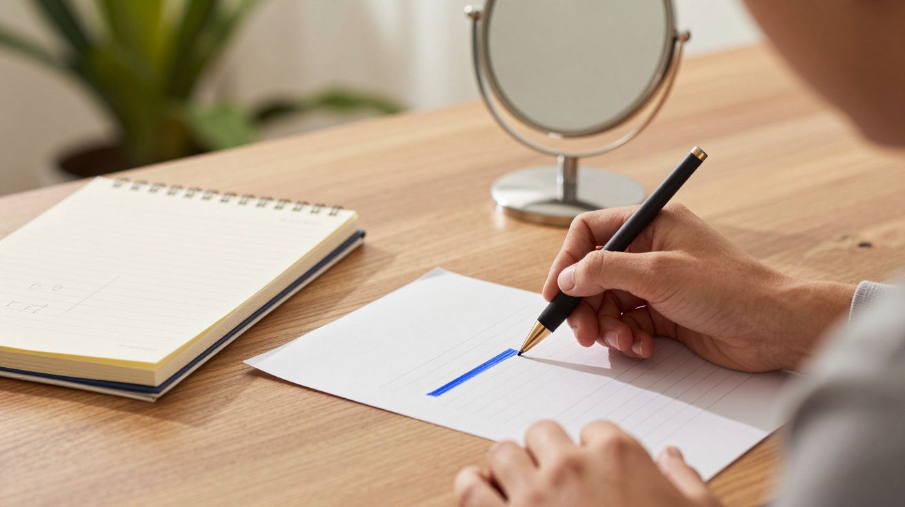 Pessoa escreve numa folha de papel sobre mesa de madeira, com caderno e espelho ao fundo.