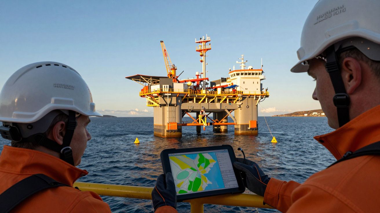 Dois trabalhadores numa plataforma offshore, um deles segurando um tablet com um mapa.