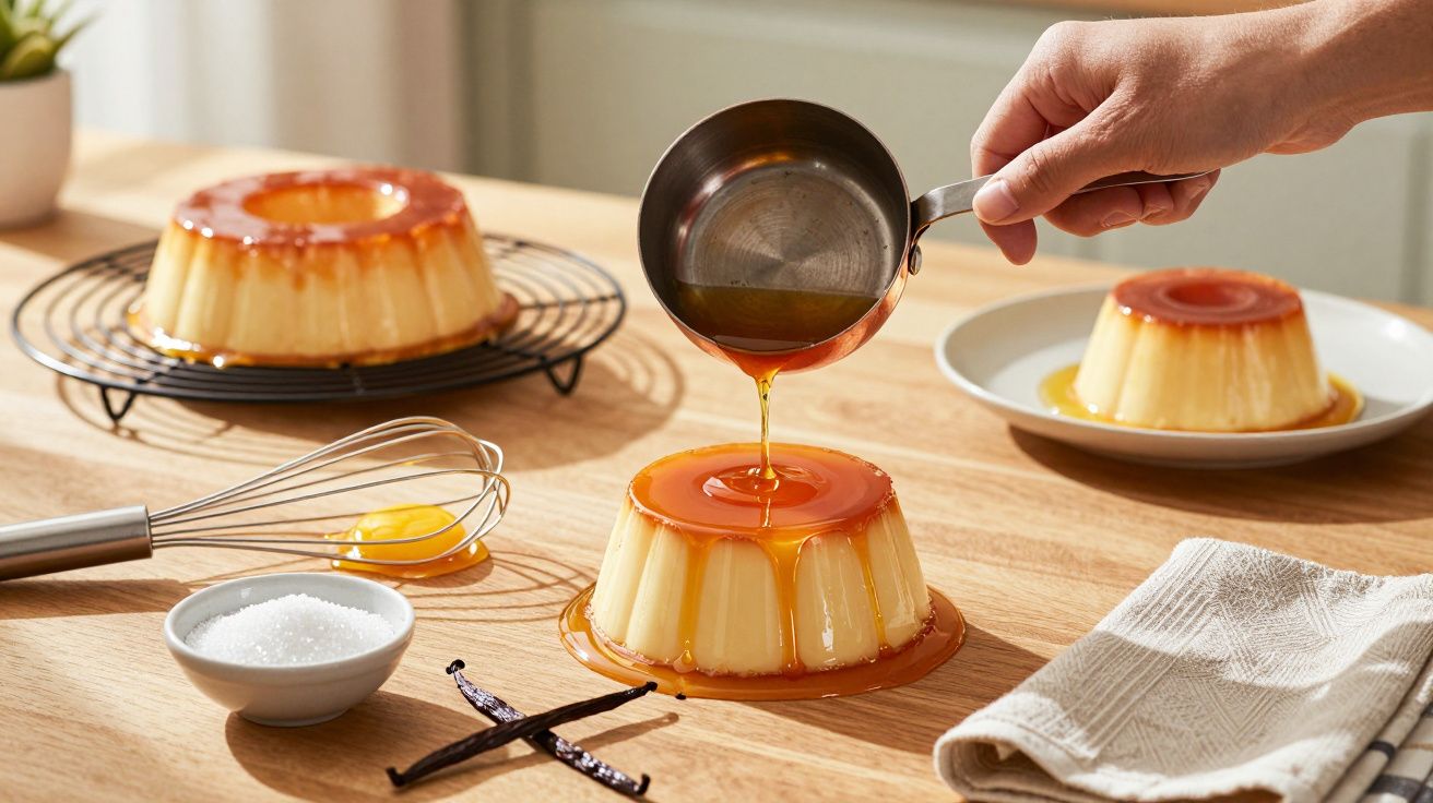 Mão a verter caramelo sobre pudim flan em superfície de madeira, com ingredientes e utensílios ao redor.