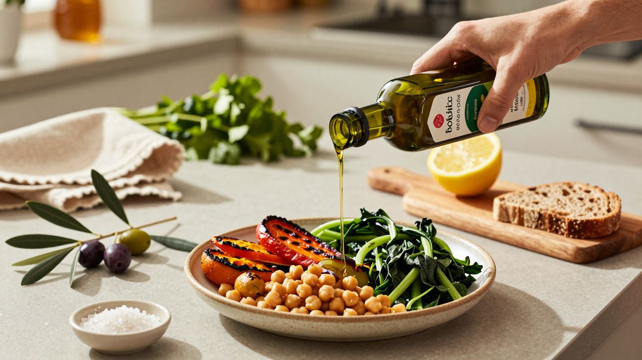 Mão a verter azeite sobre salada de grão, espinafres e tomate grelhado numa cozinha com pão e limão ao fundo.