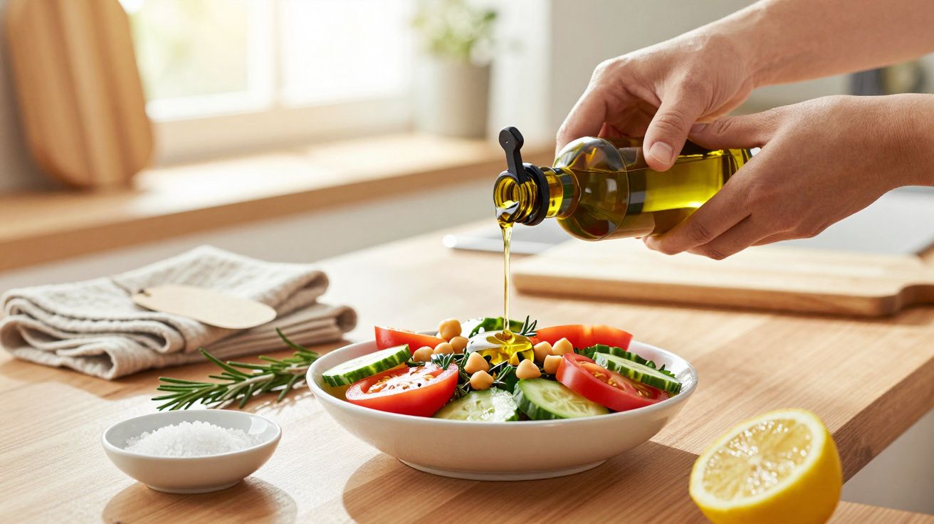 Pessoa a verter azeite sobre salada fresca com legumes numa cozinha iluminada.