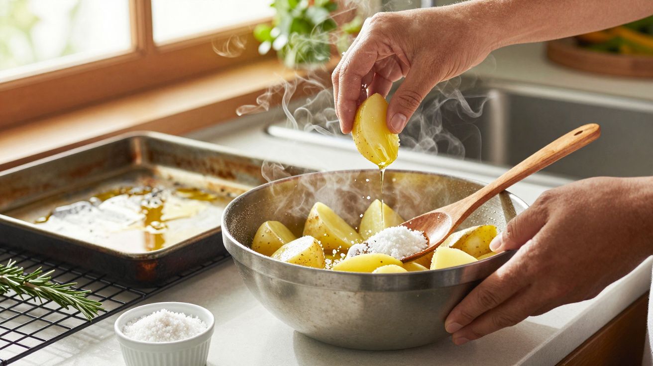 Pessoa a temperar batatas cozidas numa tigela, com vapor visível, numa cozinha iluminada pelo sol.