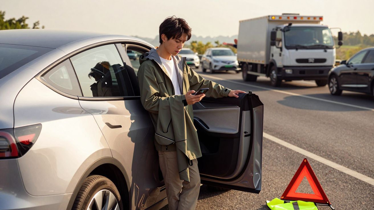 Homem encostado a carro avariado na estrada, verifica telemóvel. Triângulo de sinalização no chão.