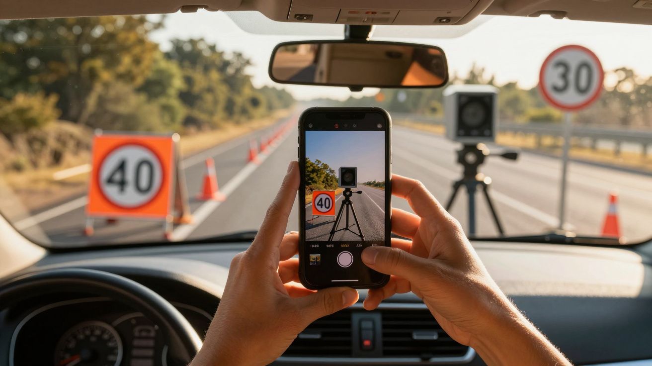 Pessoa num carro fotografa radar de velocidade numa estrada com sinais de 30 e 40 km/h à frente.