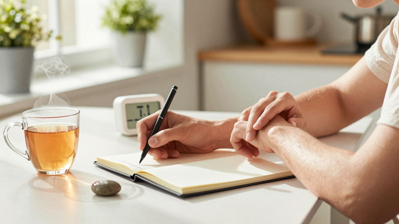 Pessoa escrevendo num caderno ao lado de uma chávena de chá e um relógio digital numa mesa iluminada pelo sol.
