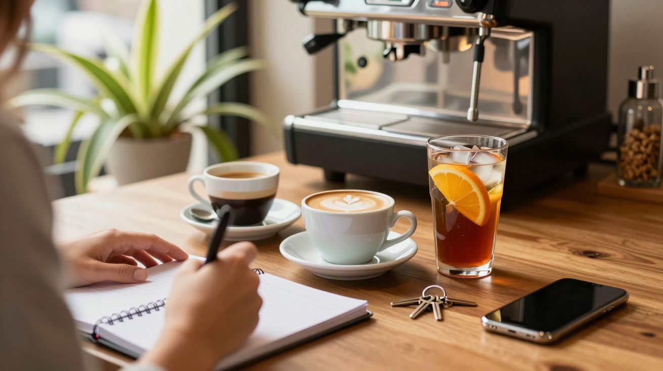 Pessoa a escrever num caderno à frente de café e chá gelado, junto a máquina de café expresso numa mesa de madeira.